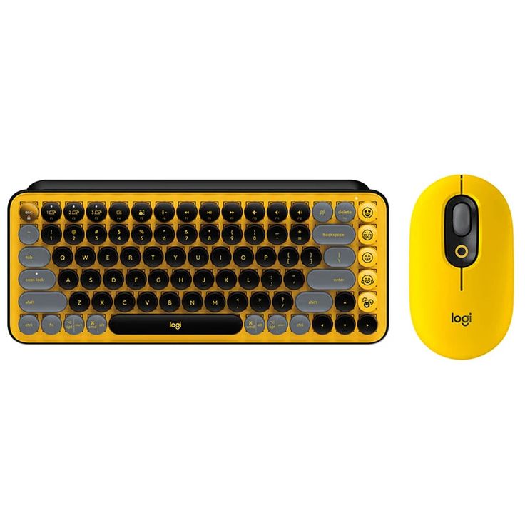 A Logitech mechanical wireless keyboard in yellow and black color with brown mechanical switches, alongside a matching yellow wireless mouse.